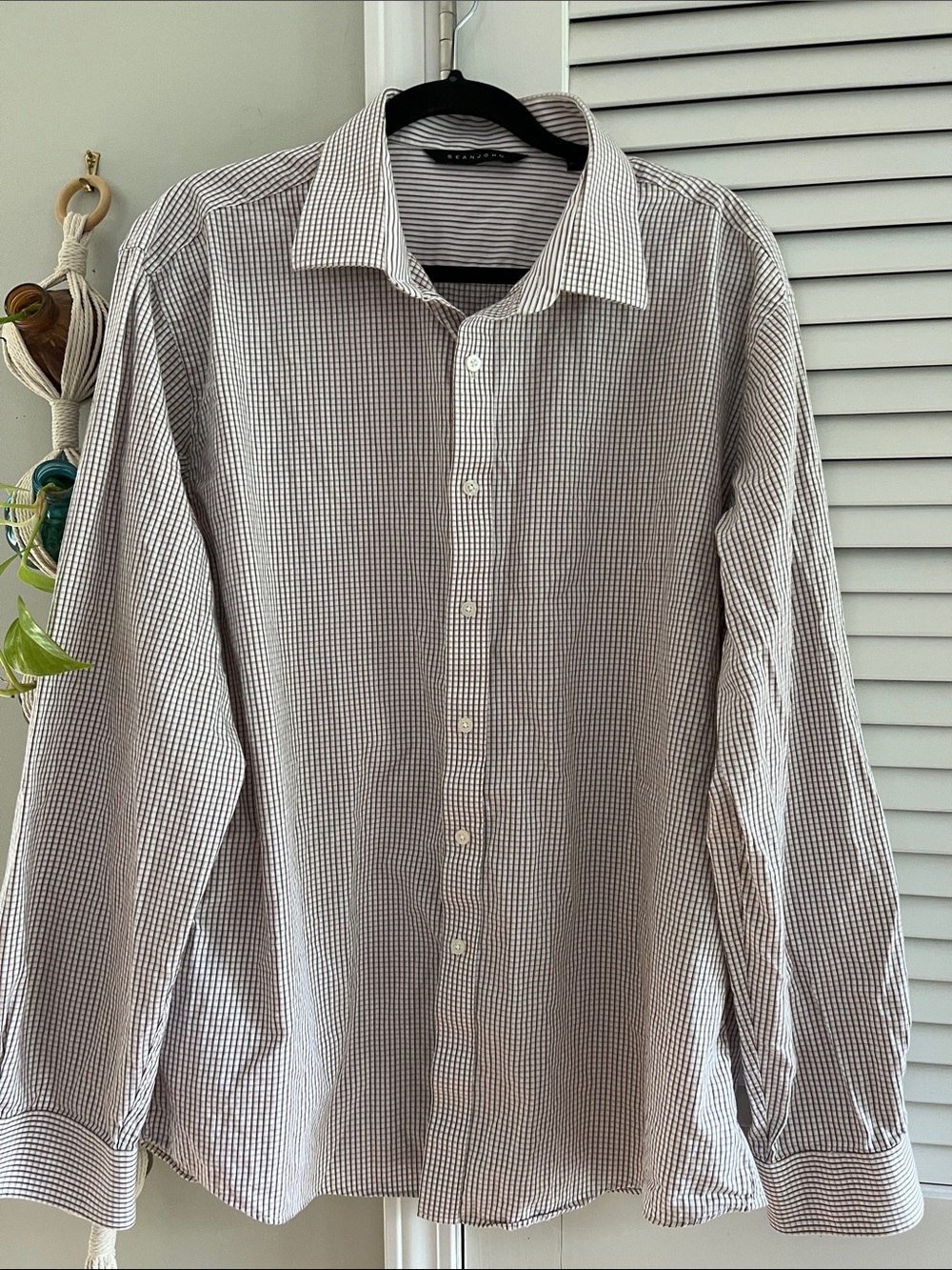 Sean John Brown and White Check Long-Sleeve Dress Shirt
